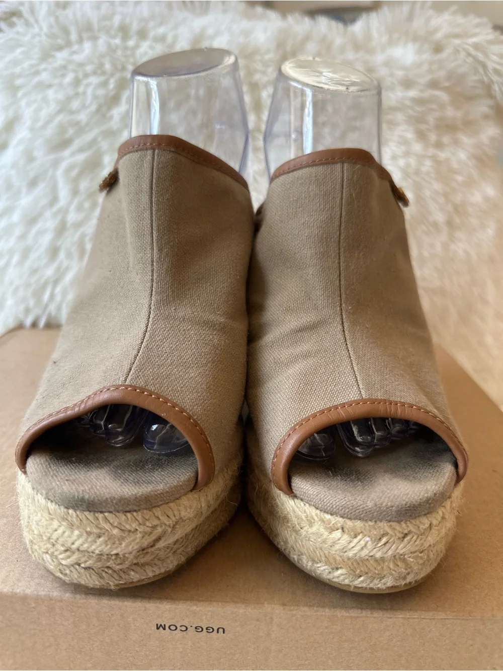 Tory Burch Agatha Canvas Espadrille Wedge Mule Sandals Tan Size 9.5 Peep Toe